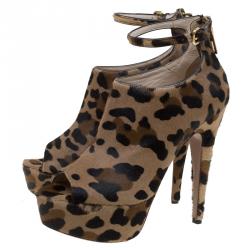 Pre Owned Prada Brown Leopard Print Calf Hair Peep Toe Ankle Strap Platform Boots Size 39