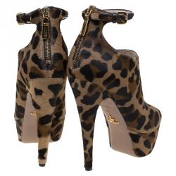 Pre Owned Prada Brown Leopard Print Calf Hair Peep Toe Ankle Strap Platform Boots Size 39