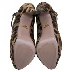 Pre Owned Prada Brown Leopard Print Calf Hair Peep Toe Ankle Strap Platform Boots Size 39