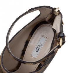 Pre Owned Prada Brown Leopard Print Calf Hair Peep Toe Ankle Strap Platform Boots Size 39