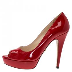 Pre Owned Prada Red Patent Peep Toe Platform Pumps Size 37.5