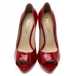 Pre Owned Prada Red Patent Peep Toe Platform Pumps Size 37.5