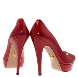 Pre Owned Prada Red Patent Peep Toe Platform Pumps Size 37.5