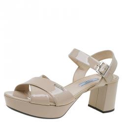 Pre Owned Prada Beige Leather Criss Cross  Platform Sandals Size 38.5