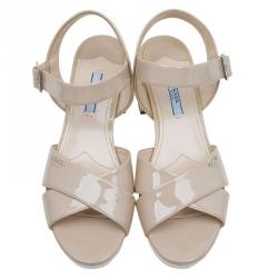 Pre Owned Prada Beige Leather Criss Cross  Platform Sandals Size 38.5