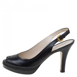 Pre Owned Prada Black Leather Peep Toe Platform Slingback Sandals Size 40
