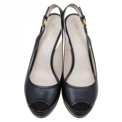 Pre Owned Prada Black Leather Peep Toe Platform Slingback Sandals Size 40