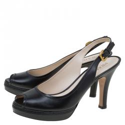 Pre Owned Prada Black Leather Peep Toe Platform Slingback Sandals Size 40