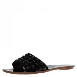 Prada Black Suede Studded Flat Slides Size 38.5