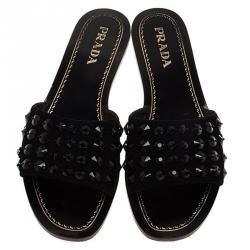 Prada Black Suede Studded Flat Slides Size 38.5