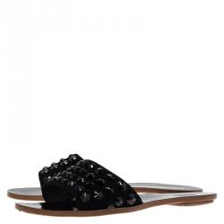 Prada Black Suede Studded Flat Slides Size 38.5