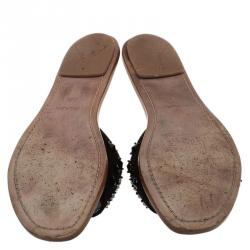 Prada Black Suede Studded Flat Slides Size 38.5