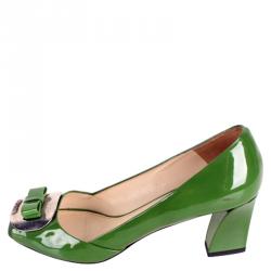 Pre Owned Prada Green Patent Leather Bow Block Heel Pumps Size 38