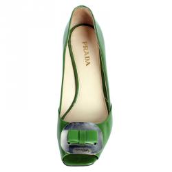 Pre Owned Prada Green Patent Leather Bow Block Heel Pumps Size 38