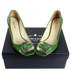 Pre Owned Prada Green Patent Leather Bow Block Heel Pumps Size 38