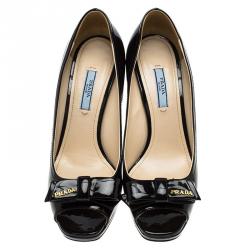 Pre Owned Prada Black Patent Peep-Toe Bow Detail Wedge Pumps Size 38