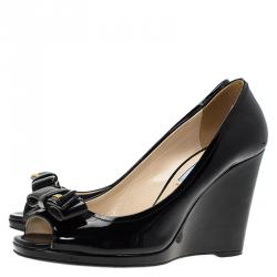 Pre Owned Prada Black Patent Peep-Toe Bow Detail Wedge Pumps Size 38