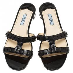 Pre Owned Prada Black Patent Slides Size 38