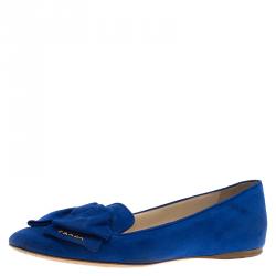 Pre Owned Prada Blue Suede Bow Smoking Slippers Size 37.5