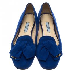 Pre Owned Prada Blue Suede Bow Smoking Slippers Size 37.5