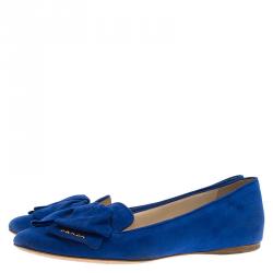 Pre Owned Prada Blue Suede Bow Smoking Slippers Size 37.5