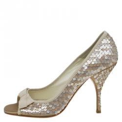 Pre Owned Prada Beige Satin Sequin Embellished Bow Detail Peep Toe Pumps Size 37