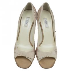 Pre Owned Prada Beige Satin Sequin Embellished Bow Detail Peep Toe Pumps Size 37