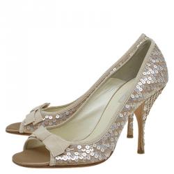 Pre Owned Prada Beige Satin Sequin Embellished Bow Detail Peep Toe Pumps Size 37