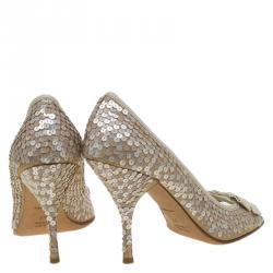 Pre Owned Prada Beige Satin Sequin Embellished Bow Detail Peep Toe Pumps Size 37