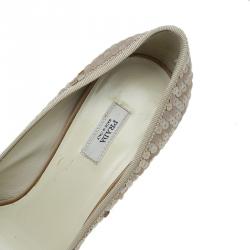 Pre Owned Prada Beige Satin Sequin Embellished Bow Detail Peep Toe Pumps Size 37