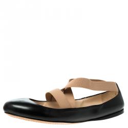 Pre Owned Prada Black Leather Elastic Strap Ballet Flats Size 39