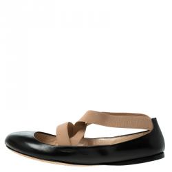 Pre Owned Prada Black Leather Elastic Strap Ballet Flats Size 39