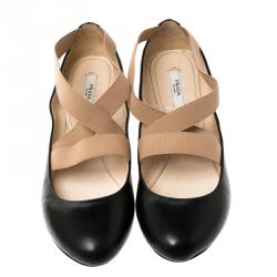 Pre Owned Prada Black Leather Elastic Strap Ballet Flats Size 39