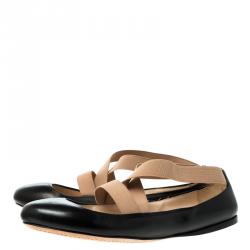 Pre Owned Prada Black Leather Elastic Strap Ballet Flats Size 39