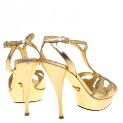 Prada Metallic Gold Leather T Strap Platform Sandals Size 38
