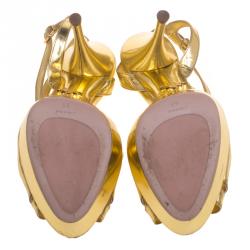 Prada Metallic Gold Leather T Strap Platform Sandals Size 38