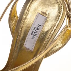 Prada Metallic Gold Leather T Strap Platform Sandals Size 38