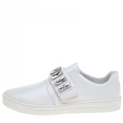 Pre Owned Prada White Crystal Embellished Leather Velcro Sneakers Size 40