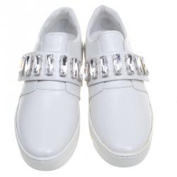 Pre Owned Prada White Crystal Embellished Leather Velcro Sneakers Size 40