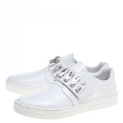 Pre Owned Prada White Crystal Embellished Leather Velcro Sneakers Size 40