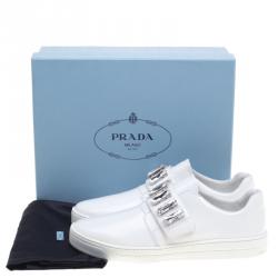 Pre Owned Prada White Crystal Embellished Leather Velcro Sneakers Size 40