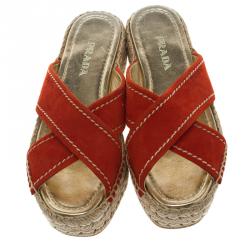 Pre Owned Prada Red Suede Cross Strap Espadrille Platform Slides Size 38.5