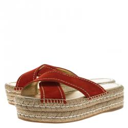 Pre Owned Prada Red Suede Cross Strap Espadrille Platform Slides Size 38.5