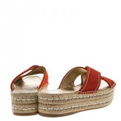 Pre Owned Prada Red Suede Cross Strap Espadrille Platform Slides Size 38.5