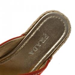 Pre Owned Prada Red Suede Cross Strap Espadrille Platform Slides Size 38.5