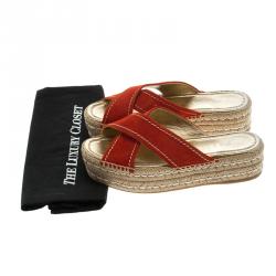 Pre Owned Prada Red Suede Cross Strap Espadrille Platform Slides Size 38.5