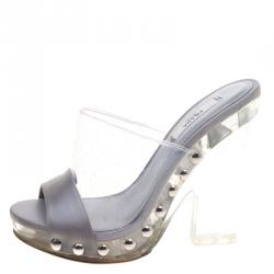 Prada Grey Satin and Crystal PVC Lucite Studded Platform Slides Sandals Size 35