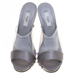 Prada Grey Satin and Crystal PVC Lucite Studded Platform Slides Sandals Size 35