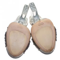 Prada Grey Satin and Crystal PVC Lucite Studded Platform Slides Sandals Size 35