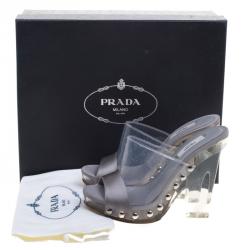 Prada Grey Satin and Crystal PVC Lucite Studded Platform Slides Sandals Size 35